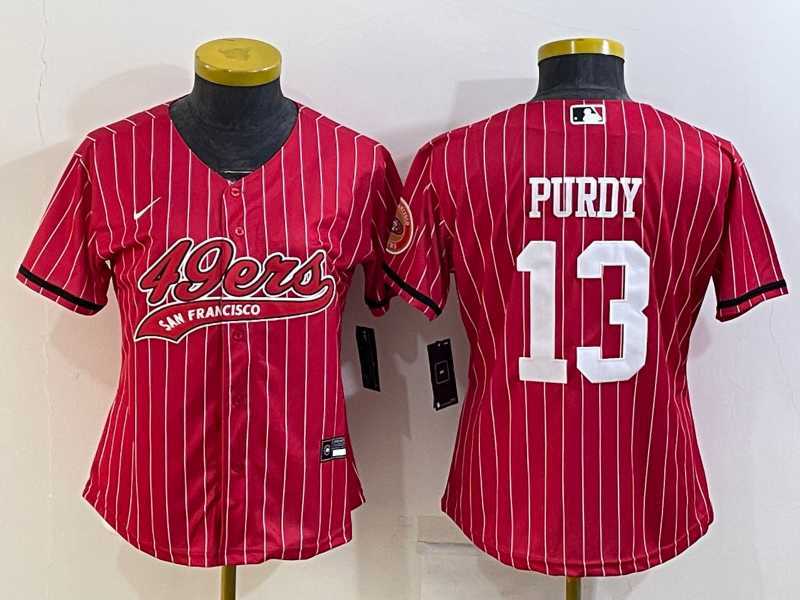 Womens San Francisco 49ers #13 Brock Purdy Red Pinstripe With Patch Cool Base Stitched Baseball Jersey->women nfl jersey->Women Jersey